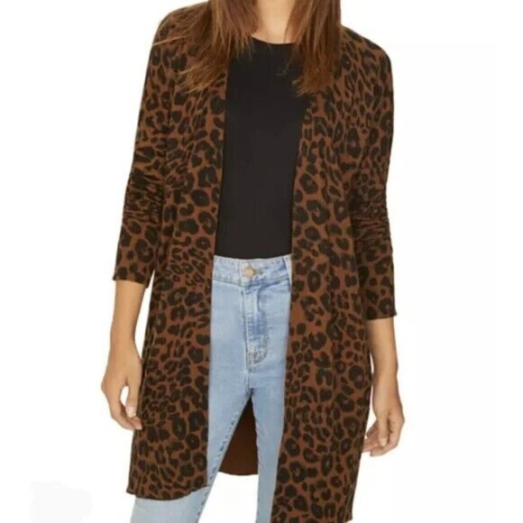 Sanctuary Lenox Leopard Brown Camp Open Cardigan Womens Knit Long Sleeves Size L - Picture 1 of 10